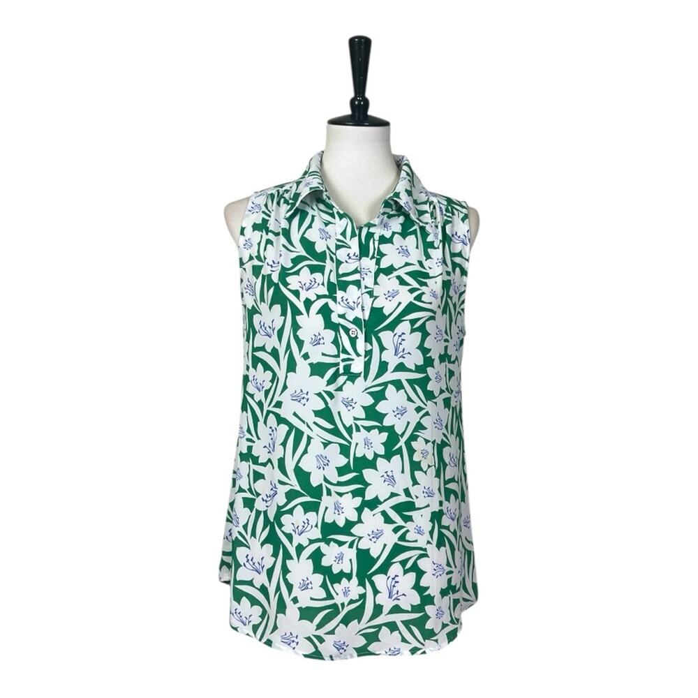Cabi Top #6099 Collared V-neck Sleeveless Green White Floral Women’s Size Small